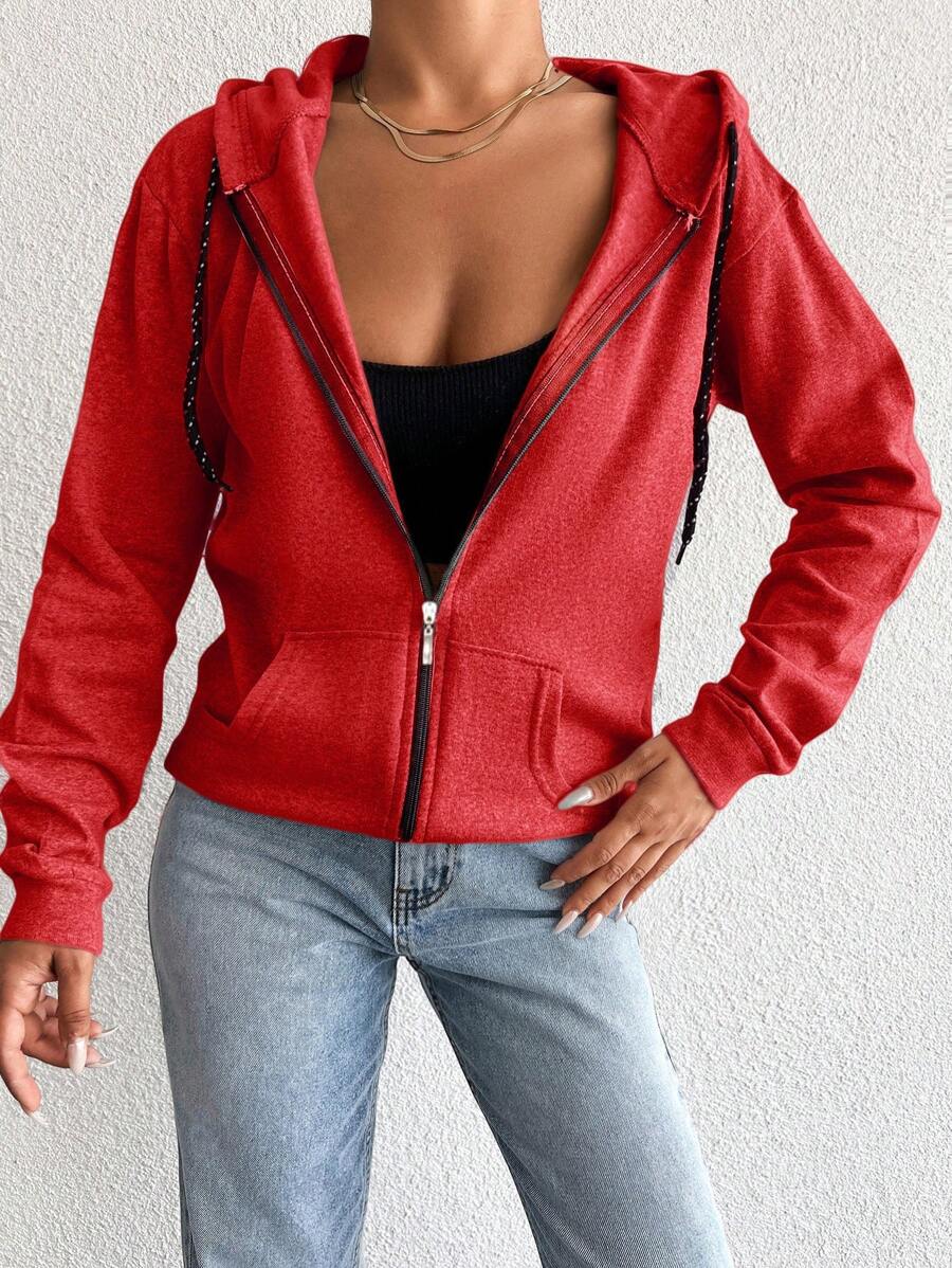 RueChic 100%Cotton Women's Zipper Front Hooded Sweatshirt With Drawstring - Red - View 1
