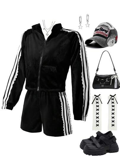 SHEIN 2 件装 Tween Girl 黑色背心和黑色短裤休闲装