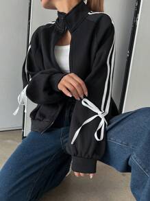 DAZY 蝴蝶结系带袖运动衫 运动衫 - 黑色 - 查看 4