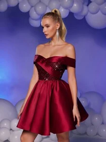 SHEIN Belle Vestido de satén con parches de lentejuelas color vino tinto elegante y lujoso, con hombros descubiertos y bajo exagerado, adecuado para bodas, fiestas, vacaciones y eventos (muy adornado), vestido de baile semiformal, para cumpleaños, invitados de boda, graduación y regreso a casa - Burdeos - Ver 2