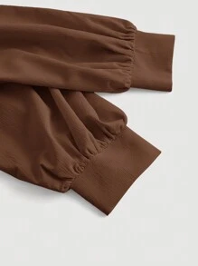 SHEIN MOD Women's Spring & Autumn Solid Color Lantern Sleeve Ruched Waist Split Hem Commuter Blouse,Long Sleeve Tops - Brown - View 3