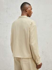 AKNOTIC Business Casual Men Loose Fit Long Sleeve Zip-Up Color Block Deconstructed Short Jacket, For Fall Winter - Apricot - View 5