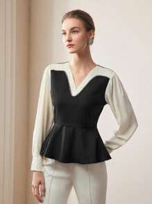 MOTF PREMIUM TWO TONE V-NECK LANTERN SLEEVE PEPLUM TOP WITHOUT BELT