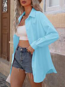 EMERY ROSE Women's Solid Long Sleeve Loose Casual Office Blouse, Spring & Summer Women Shirt - Baby Blue - View 3