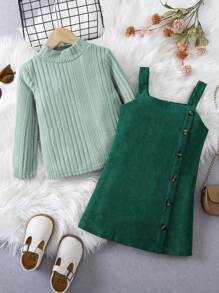 SHEIN Elladie kids 年轻女孩通勤学校不对称吊带连衣裙套装 - 墨綠色 - 查看 3