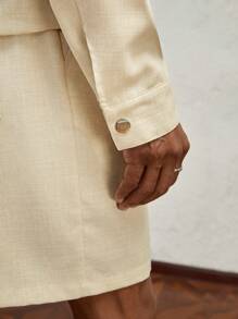 AKNOTIC Business Casual Men Loose Fit Long Sleeve Zip-Up Color Block Deconstructed Short Jacket, For Fall Winter - Apricot - View 4