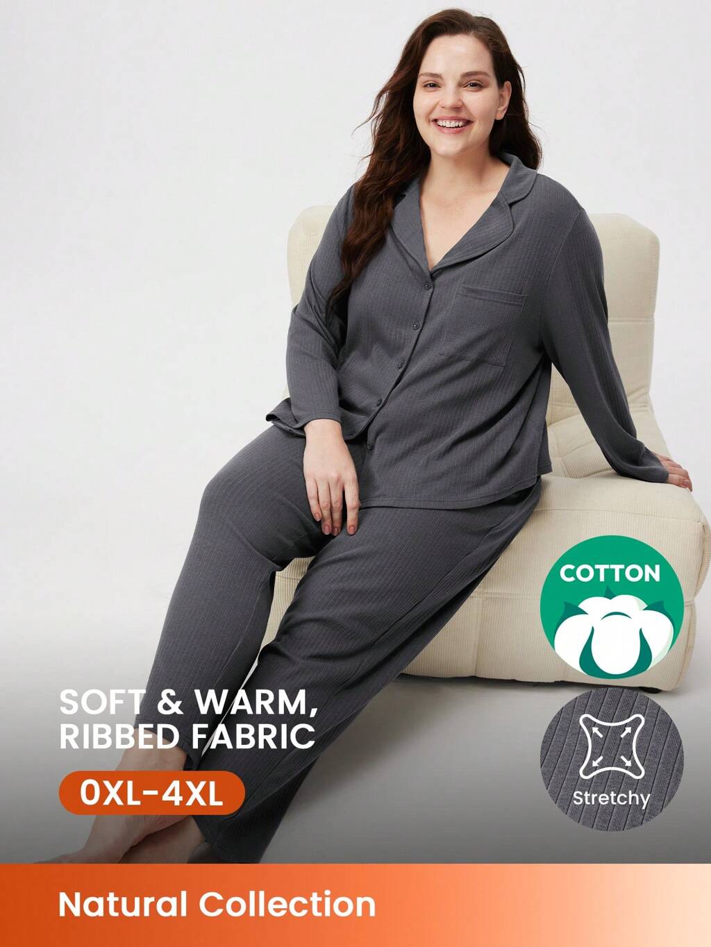 Conjunto de Pijama e Roupa de Descanso Básica Clássica de Algodão Canelado Confortável Plus Size para Mulheres no Outono e Inverno