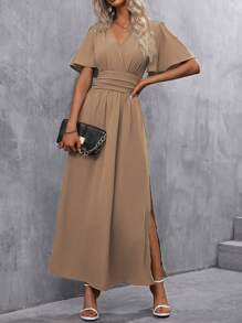 EMERY ROSE V-Neck Split Hem Short Sleeve Solid Color Summer Dress Maxi Women Outfit - Mocha Brown - View 3