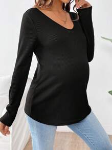 SHEIN Maternity Casual Solid Color Long Sleeve T-Shirt, Spring & Fall - Black - View 4