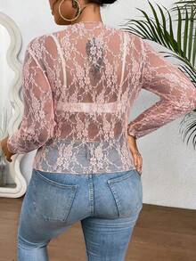 Celure Blusa de manga larga semitransparente con encaje para mujer de talla grande - Rosa vieja - Ver 2