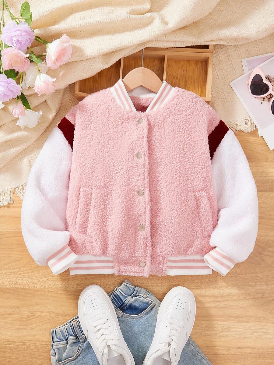 SHEIN Girls Teen Plush Patchwork Warm Baseball Jacket, Suitable For Back To School - Multicolor - View 1