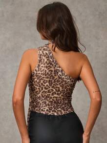 SHEIN BAE Leopard Halter Neck Top,Asymmetrical Top,Y2k Clothes - Bronze - View 5