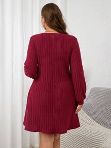 SHEIN Clasi Plus Size Women Wine Red Wide Ribbed Short Dress - Burgundy - View 2