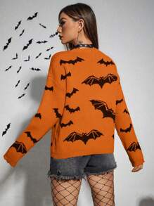 PUNK Women Funny Bat Pattern Crew Neck Long Sleeve Sweater, Halloween, Knit Pullover Fall Winter - Multicolor - View 2