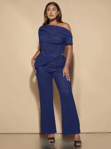 SHEIN BAE 大码女式春夏休闲两件套露肩短袖上衣和喇叭裤，黑色 - 藏蓝色 - 查看 3