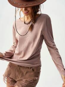 Bohemela Effen kleur ronde hals lange mouw maxi T-shirt voor dames