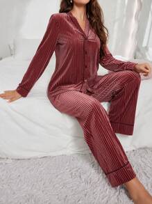 LuxeNights Velvet Women Pajamas Set Top & Pants Cozy And Elegant Details, Fall Winter Clothes - Pink - View 6
