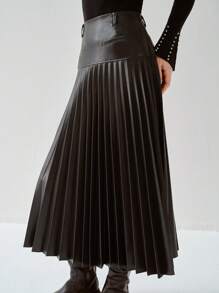 Enchnt 春夏浪漫法式黑色百褶PU半身裙，甜美优雅，适合日常休闲穿着、工作装、下午茶、浪漫约会、假日、毕业典礼、日常通勤、度假、音乐会等场合。 - 黑色 - 查看 6