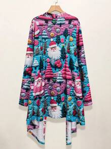 Plus Size Women's Spring Autumn Christmas Tree Print Long Sleeve Open Front Casual Jacket - Multicolor - View 2