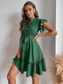 SHEIN Clasi 女士圆领纽扣蝙蝠袖腰带荷叶边下摆设计短袖连衣裙 - 墨綠色 - 查看 3