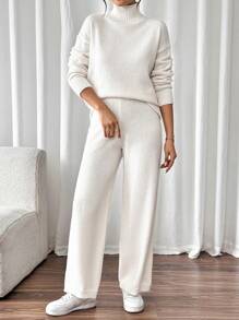 EMERY ROSE Bộ 2 món áo len dài tay cổ lọ và quần ống đứng thường ngày cho nữ - Màu be - Xem 4