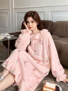 DAZY Flannel Sweet Pattern Allover Print Ruffle Hem Thick Nightgown Pajama,Thermal Lined Fall,Winter - Pink - View 1