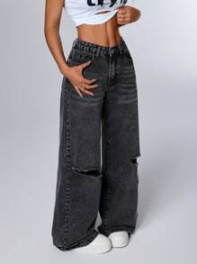 SHEIN ICON 女式宽松破洞阔腿牛仔裤，带口袋