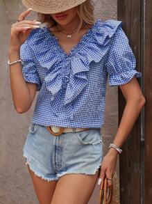 SHEIN LUNE Shirred Ruffled Plaid Casual Shirt
