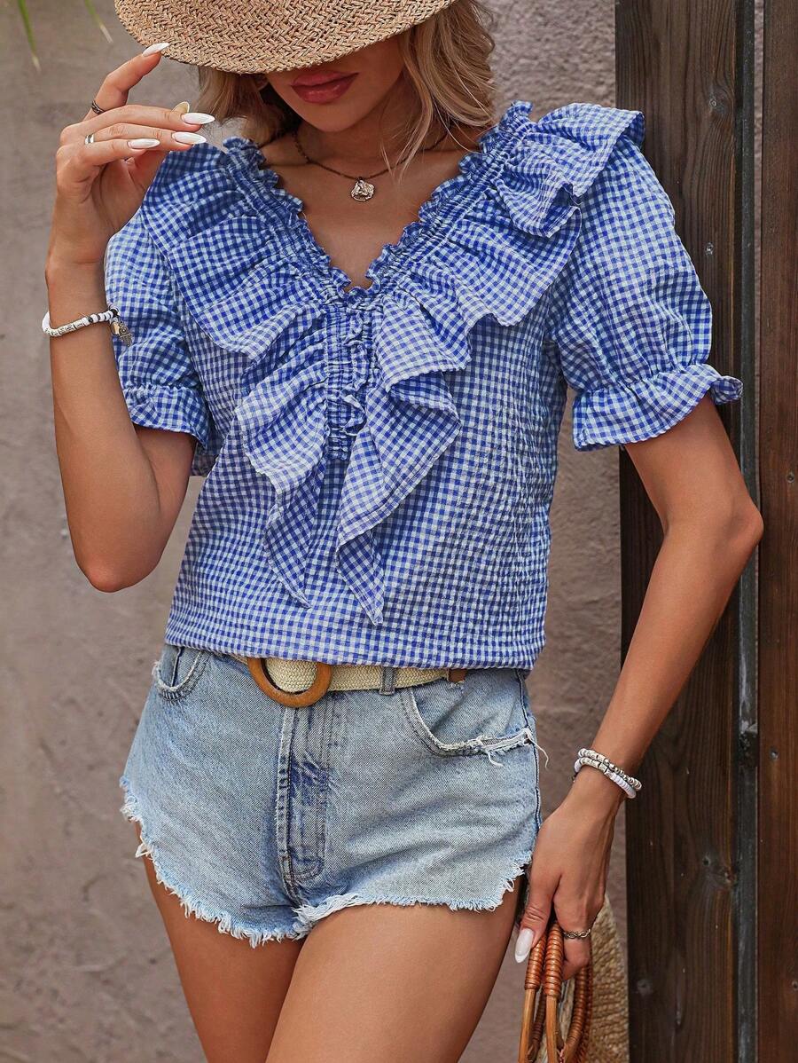 SHEIN LUNE Shirred Ruffled Plaid Casual Shirt