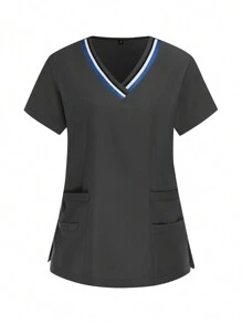 SHEIN TaskFit Striped V-Neck Short Sleeve Pocket Top And Pants  Scrubs Set,Health Check Scrubs Uniforms Women Solid Color Pet Grooming Work Uniform Set Nutritionist Work Suits Short Sleeved Lab Work Wear - Grey - View 3