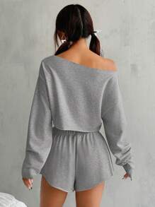 SHEIN EZwear 2 件套女士纯色落肩长袖短款上衣和短裤套装，春夏 - 灰色 - 查看 2