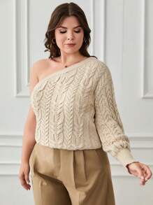 RueChic Plus Size One Shoulder Cable Knit Sweater - Apricot - View 5