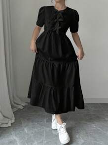 Calvaya Short Sleeve Ruffled Hem Puff Sleeve Solid Color Summer Dress Maxi Women Outfit