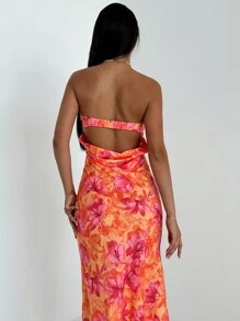 Firerie Váy nghỉ mát thanh lịch đi biển lãng mạn hở lưng có dây in hoa - trái cam - Xem 4