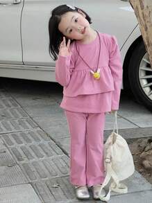 DAZY 2pcs/Set Young Girl Solid Color Crew Neck Long Sleeve Ruffle Hem Top And Pants Casual Outfit, Spring Autumn