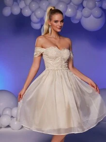 SHEIN Belle Women's White Off-Shoulder Sequin Lace Patchwork Shiny Mesh Ruffle Decor High-Waist A-Line Princess Bridal Gown,Elegant Prom Semi Formal Party Dress - Apricot - View 5