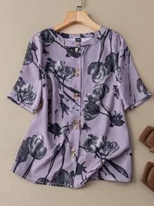 EMERY ROSE Women's Casual Printed Button Decorated Round Neck Short Sleeve Blouse - Multicolor - View 1