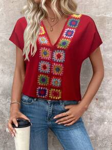 EMERY ROSE 女式 V 领短袖蝙蝠翼刺绣休闲衬衫新年衣服 - 紅色 - 查看 4