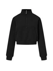 SHEIN 1 chiếc áo nỉ dài tay cổ đứng, màu đen trơn dành cho nữ, kiểu dáng áo dài tay, thích hợp cho lễ tốt nghiệp, tựu trường, giáo viên, áo len mùa thu. - màu đen - Xem 3