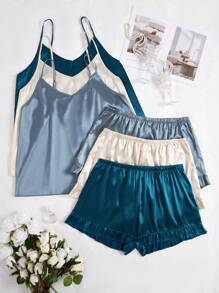 Set de 6 piezas de pijama de talla grande con camiseta sin mangas y shorts de unicolor de seda sintética, para vacaciones