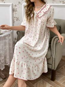CottageSlumber Peach Printed Ruffled V-Neck Short Sleeve Loose Jacquard Ladies' Nightgown Dress - Apricot - View 2