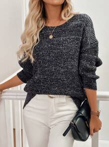 SHEIN LUNE Plain Crew Neck Long Sleeve Knit Sweater, Knit Pullover Fall Winter - Black and White - View 5