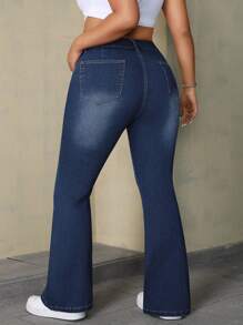 SHEIN ICON Plus Size Women's Button Front Casual Everyday Denim Flare Pants - Dark Wash - View 2