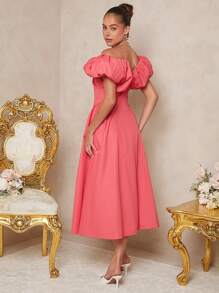 SHEIN Unity Charming Coral Pink Off-Shoulder Midi Dress With Puff Sleeves - Red - View 2