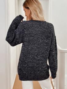 SHEIN LUNE Plain Crew Neck Long Sleeve Knit Sweater, Knit Pullover Fall Winter - Black and White - View 2