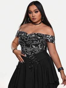 Sonchs Curiosities Blusa ajustada de estilo Y2K para mujer de talla grande con estampado de calabaza, hombro descubierto y bajo asimétrico, apta para verano, vacaciones, salir, festivales, Ibiza