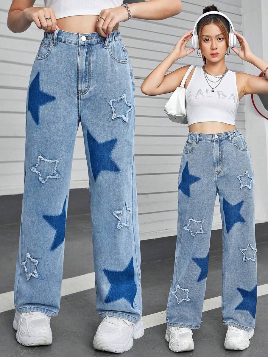 SHEIN Explorewe Teenage Girls' Fashionable Washed Flare Jeans With Star Embroidery - Medium Wash - View 1