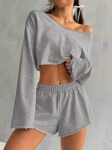 SHEIN EZwear 2 件套女士纯色落肩长袖短款上衣和短裤套装，春夏 - 灰色 - 查看 3