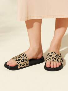 CUCCOO BASICS Woman Shoes Knit Detail Leopard Pattern Slides For Summer Vacation Shoes Summer Back To School Shoes College Student Shoes For Casual Beach Style - Camel - View 7
