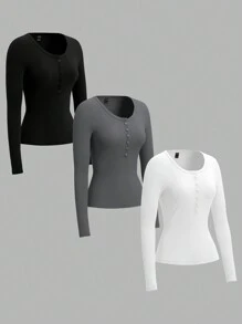 SHEIN EZwear 3-Pack Women Solid Knit Button Half Placket Long Sleeve Casual T-Shirt, Spring/Summer
